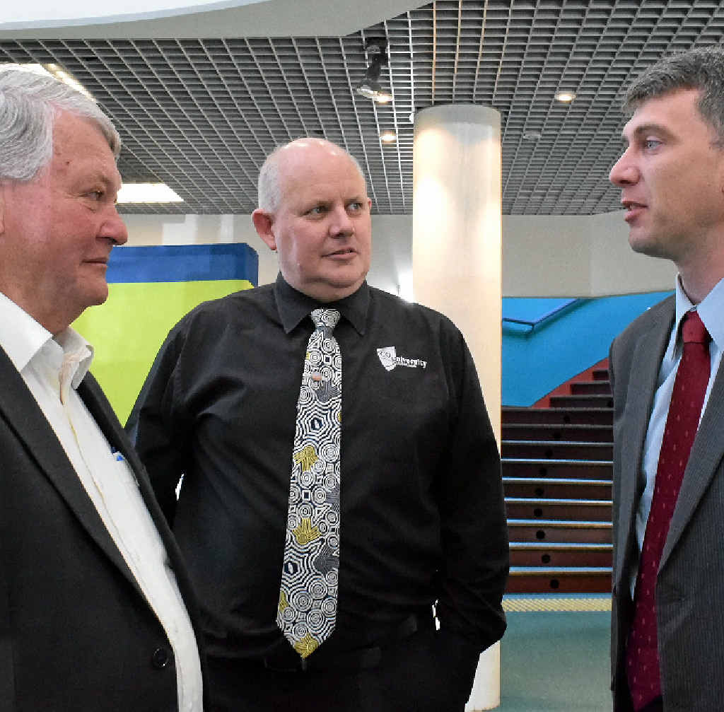 Incumbent LNP member for Flynn Ken O’Dowd with CQUni’s vice chancellor professor Scott Bowman and associate professor Owen Niven.